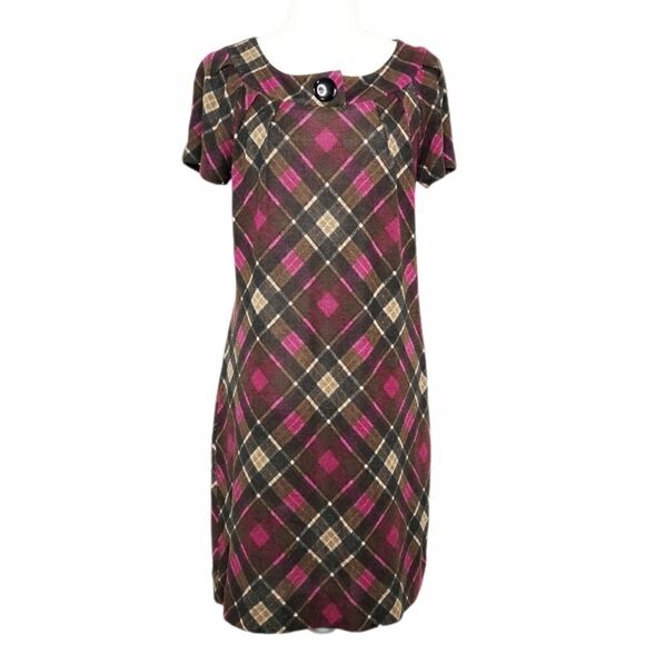 AGB Plaid Pink Brown Black Sheath Dress Crew Neck Short Sleeve Button Women’s 6 - Picture 2 of 13